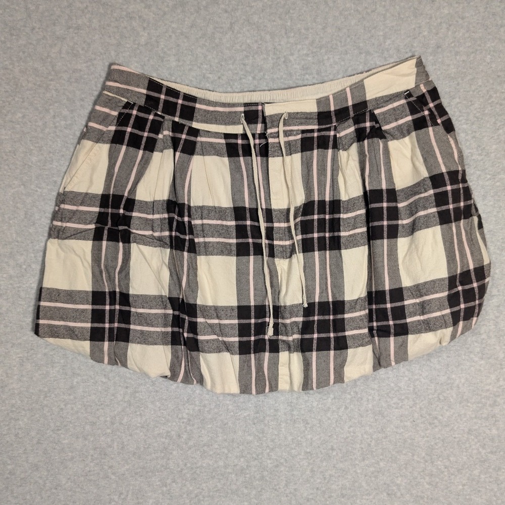 Aerie Bubble Skirt Womens‎ Large Cream Black Pink Plaid Elastic Waist Drawstring